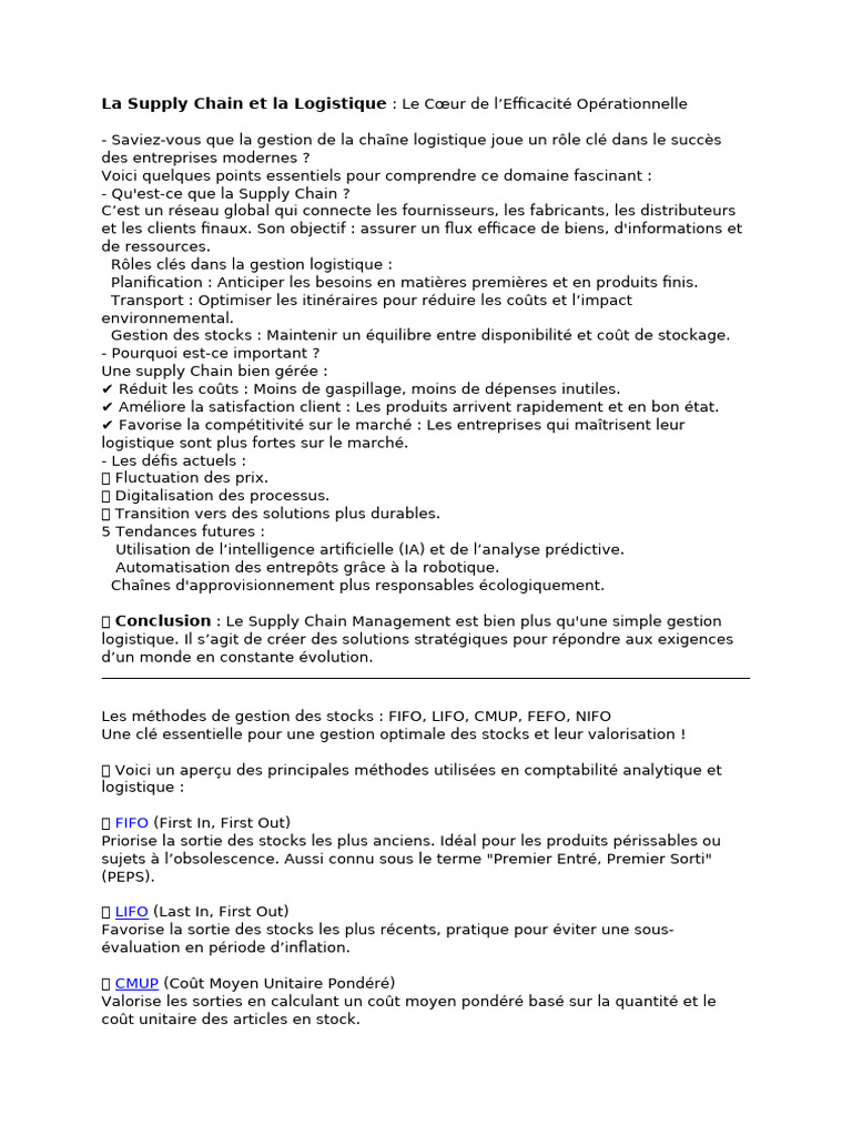 Gestion Efficace de la Supply Chain | PDF | Logistique | Gestion de la ...