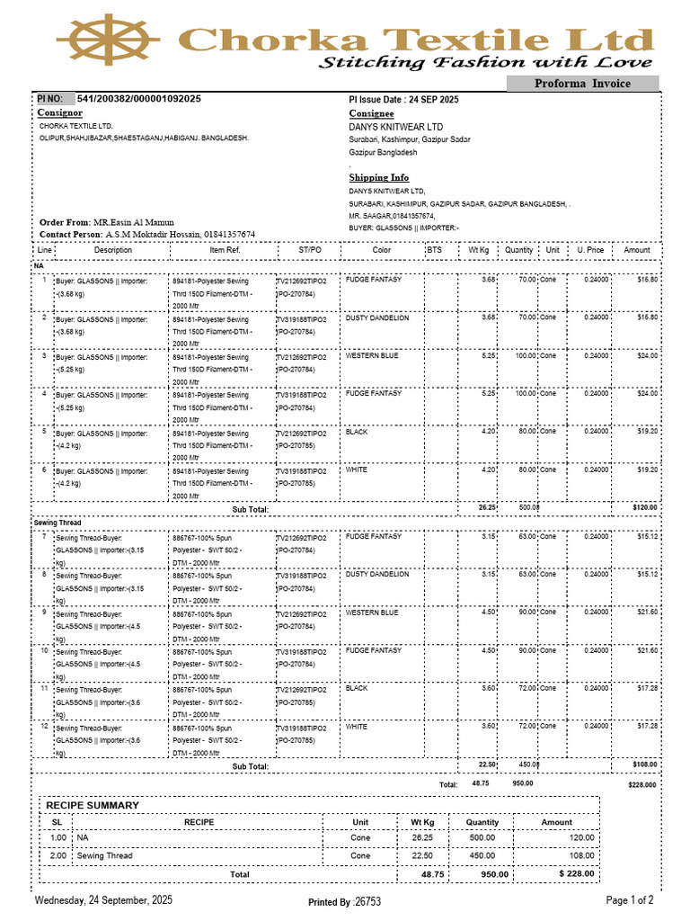 Proforma Invoice for Sewing Threads | PDF | Freight Transport