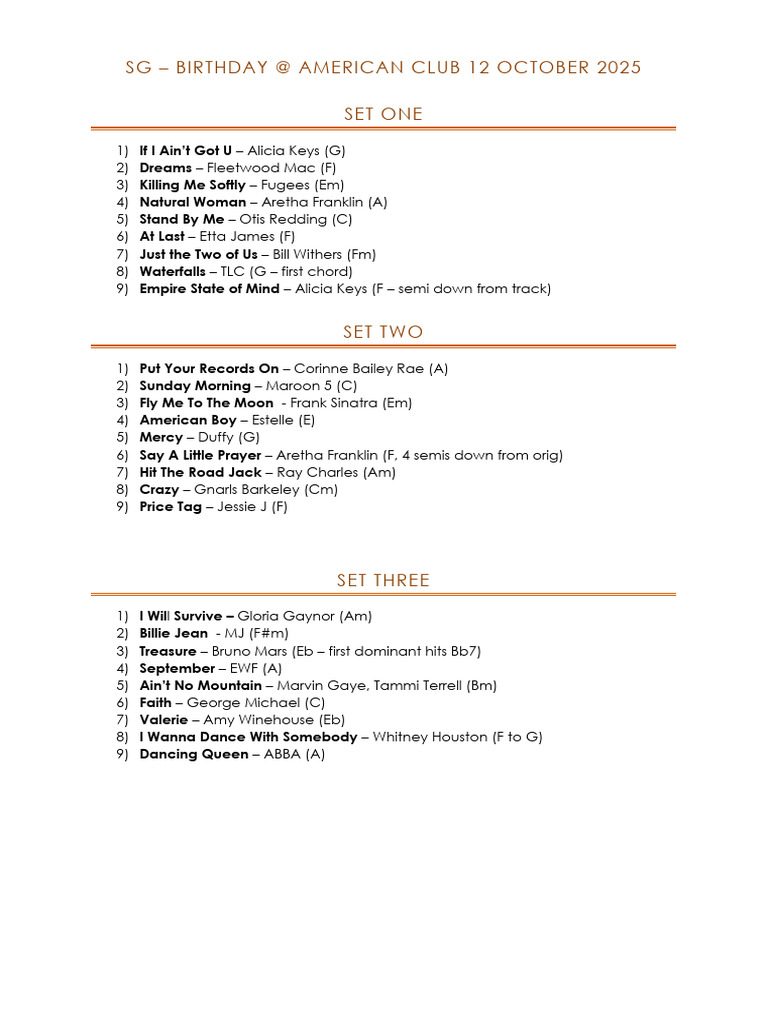 12th Oct - Birthday Party Set List | PDF