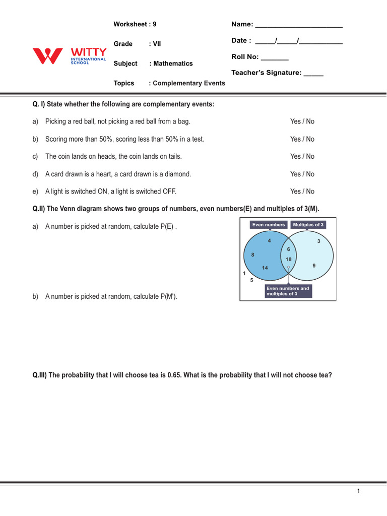 Complementary Events Worksheet for Grade VII | PDF | Probability