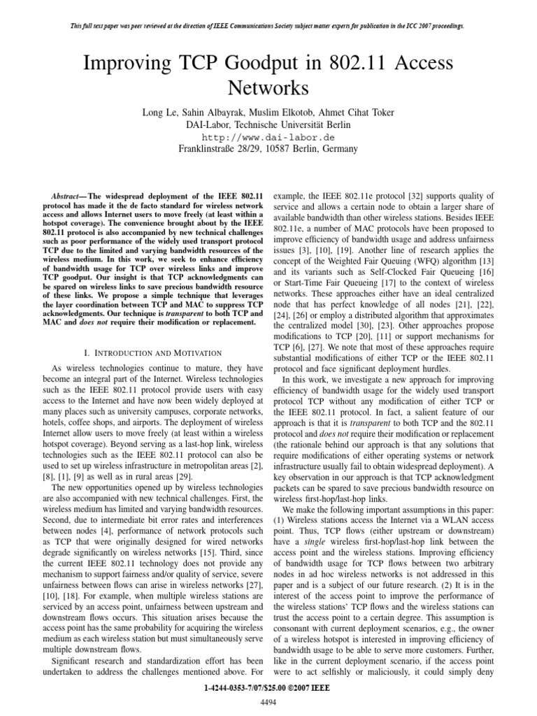 Improving TCP Goodput in 802.11 Access Networks | PDF | Transmission ...