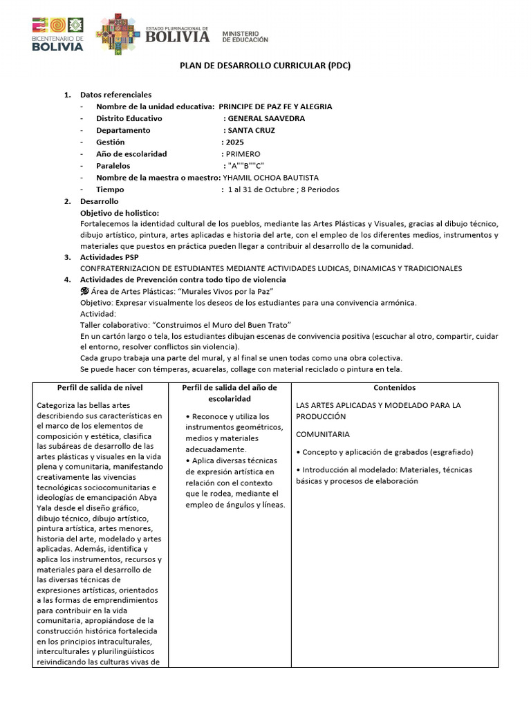 Plan de Desarrollo Curricular Artes Plasticas Octubre | PDF | Dibujo ...