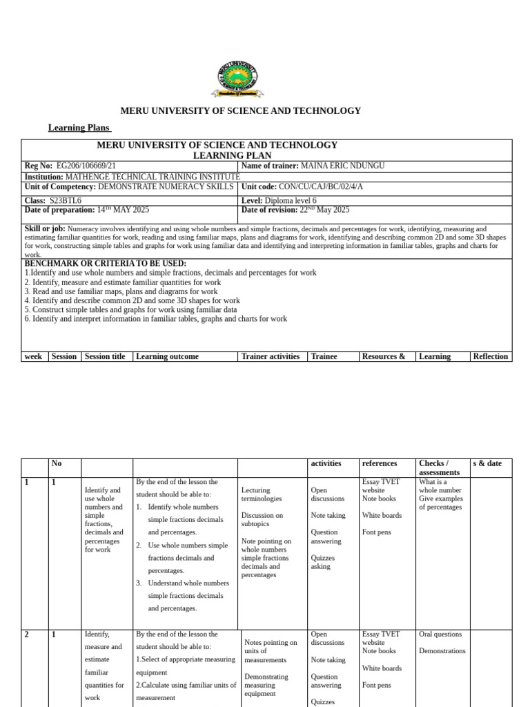 Numeracy Skills Learning Plan | PDF | Shape | Data