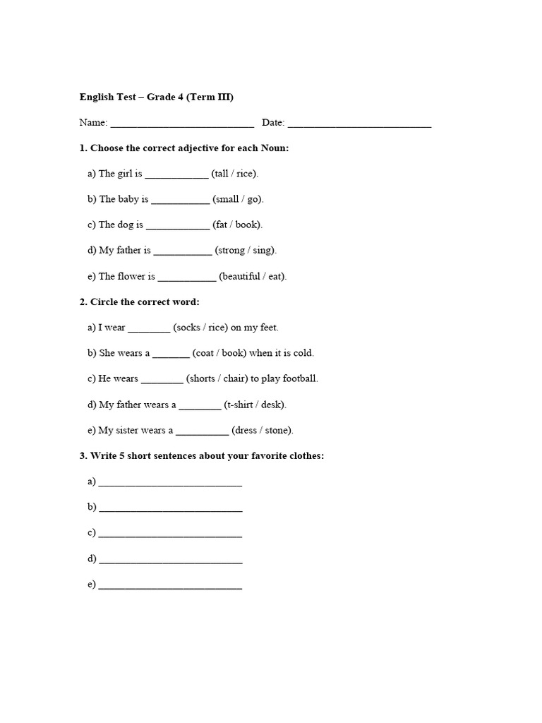 Grade 4 English Test - Term III | PDF