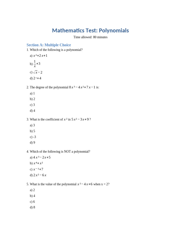 Polynomials Test | PDF