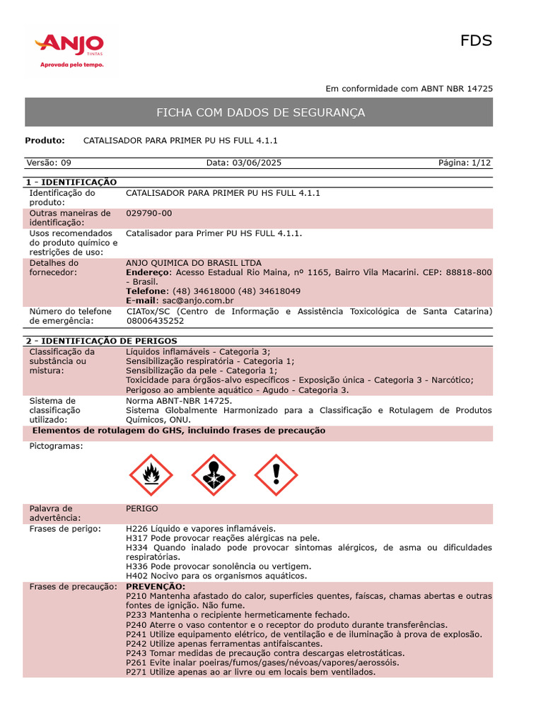 Ficha de Segurança do Catalisador PU HS | PDF