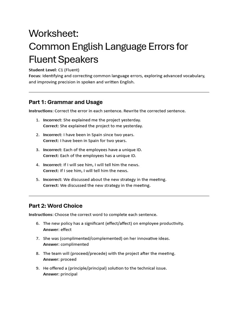 C1 Worksheet - Common English Errors of Fluent Speakers | PDF | English ...