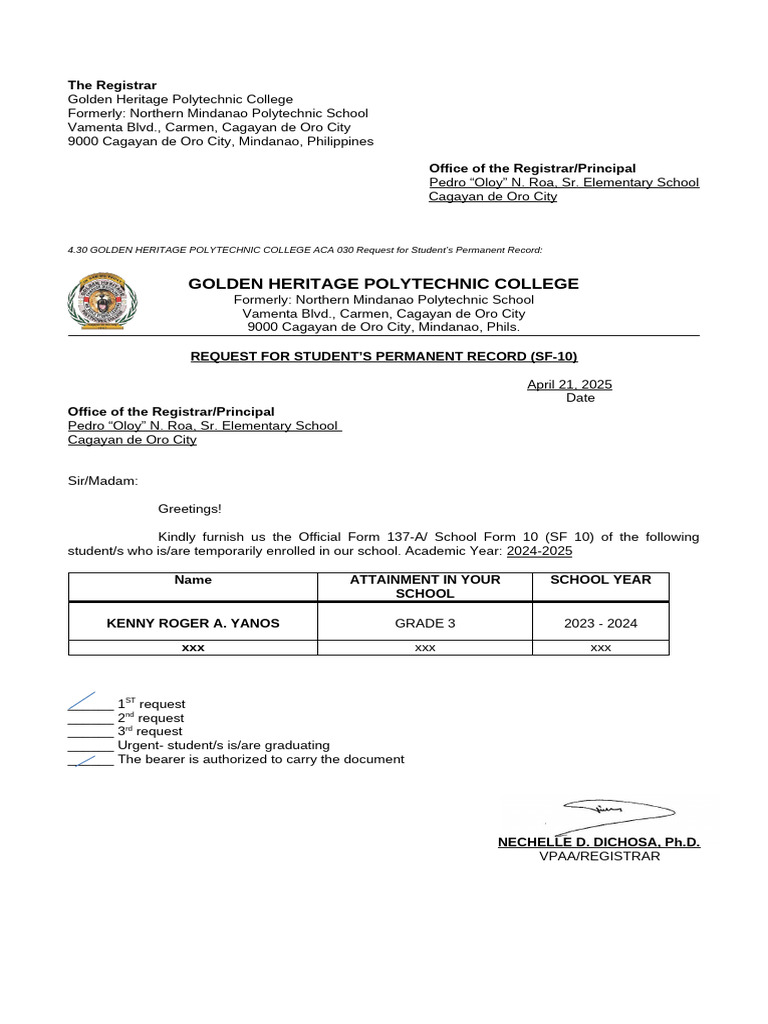 Request for Student Records Form | PDF