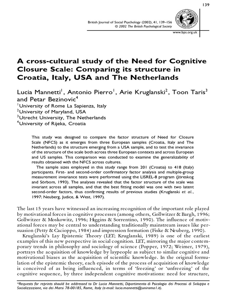 A Cross-Cultural Study of The Need For Cognitive Closure Scale ...