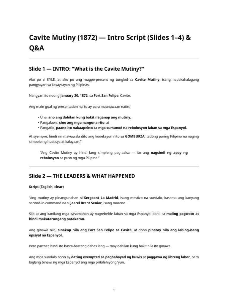 Cavite Mutiny Intro (Slides 1-4) - Script & Q&A | PDF