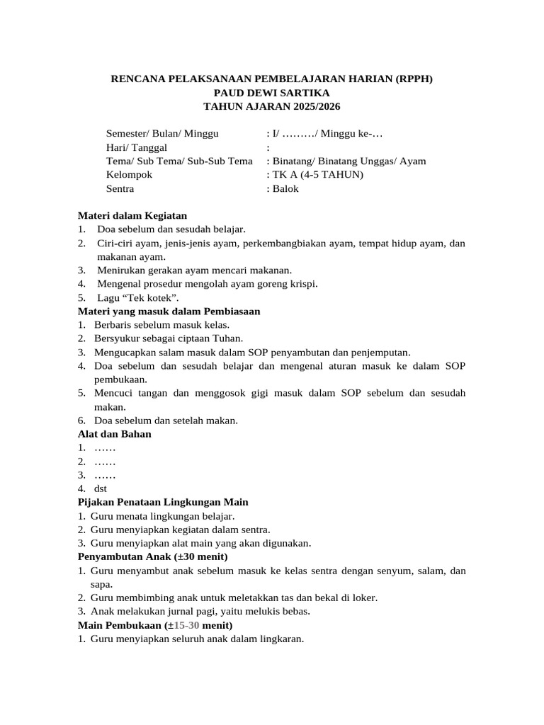 Contoh RPPH Model Sentra (Sentra Balok) | PDF