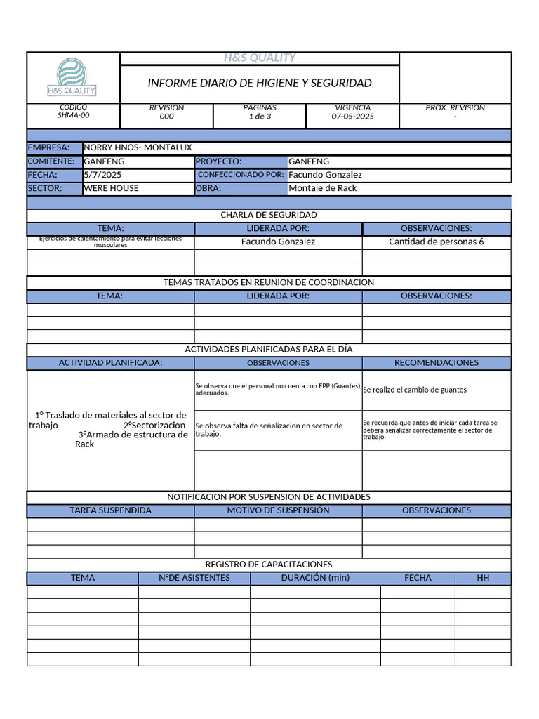 Informe Diario de Higiene y Seguridad | PDF