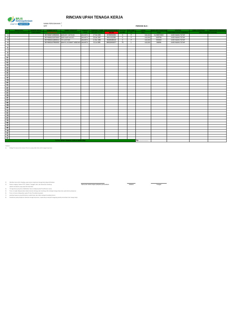 Rincian Upah Tenaga Kerja Bulanan | PDF