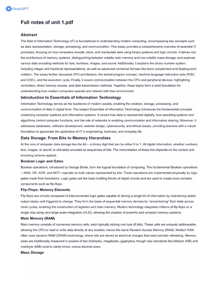 NoteGPT - Summary - Full Notes of Unit 1 | PDF