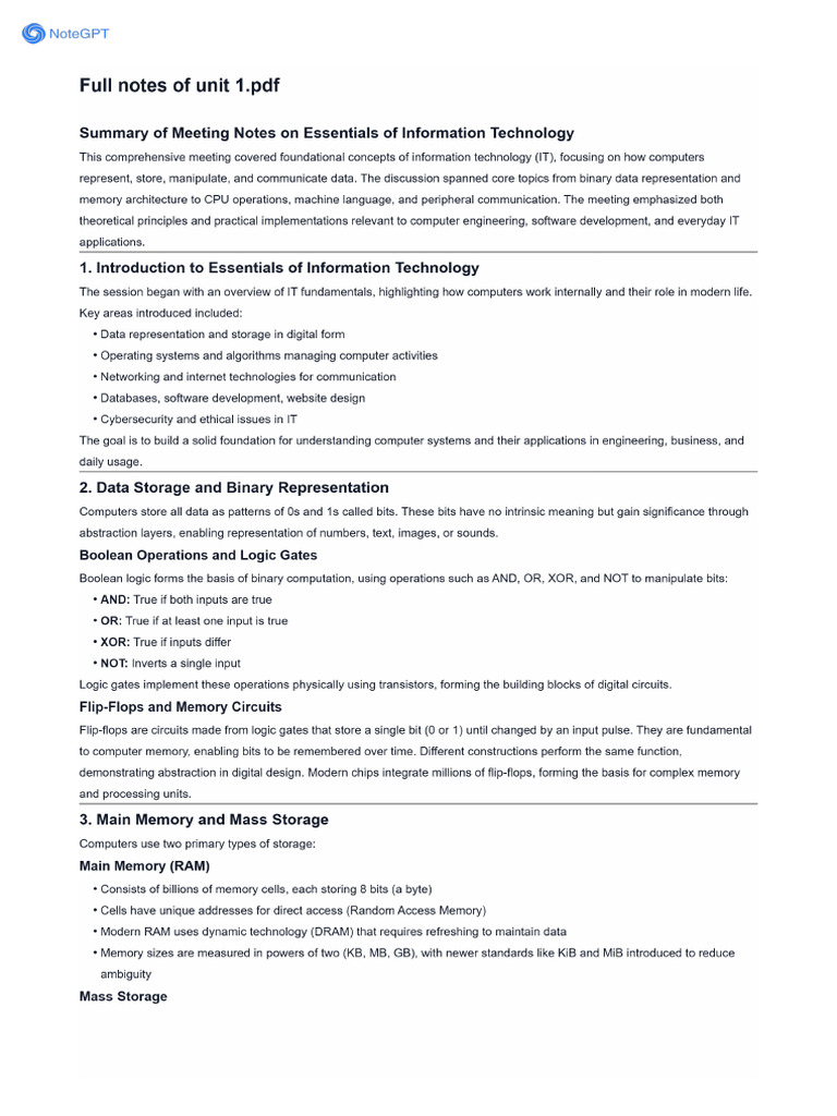 NoteGPT - Summary - Full Notes of Unit 1 | PDF