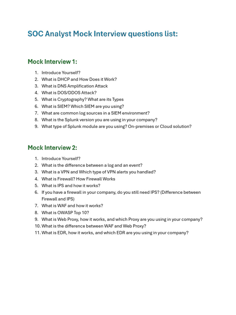 SOC Analyst Mock Interview Questions List | PDF | Denial Of Service ...