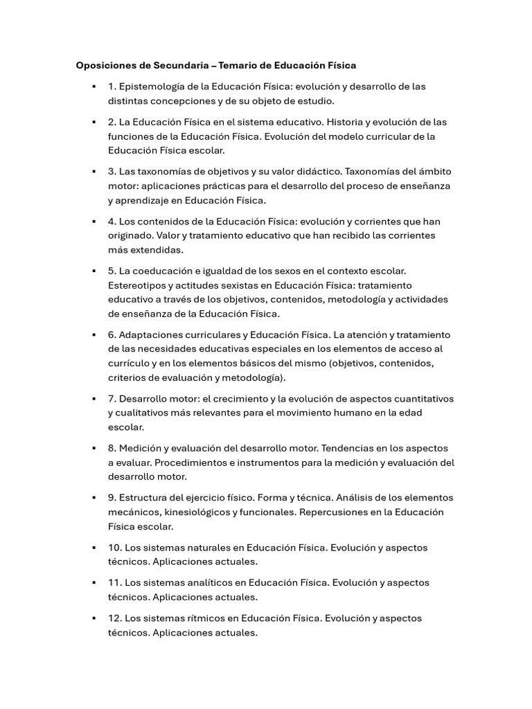 Oposiciones de Secundaria - Temario de Educación Física | PDF | Plan de ...