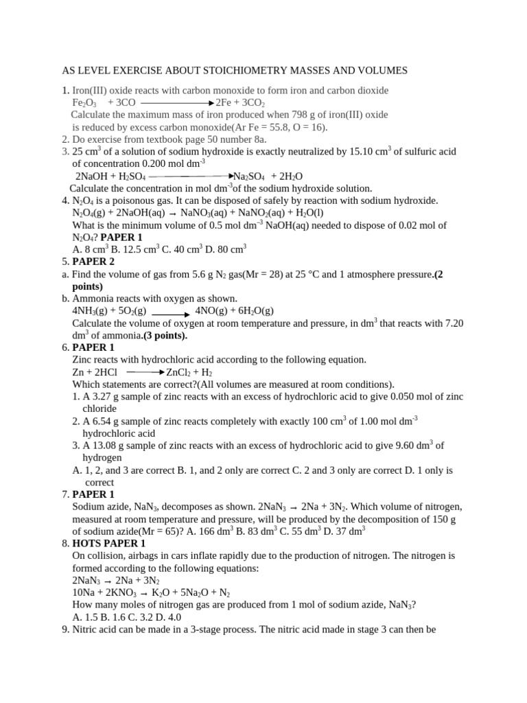AS Level Stoichiometry Exercises and Solutions | PDF | Acid | Hydrogen ...