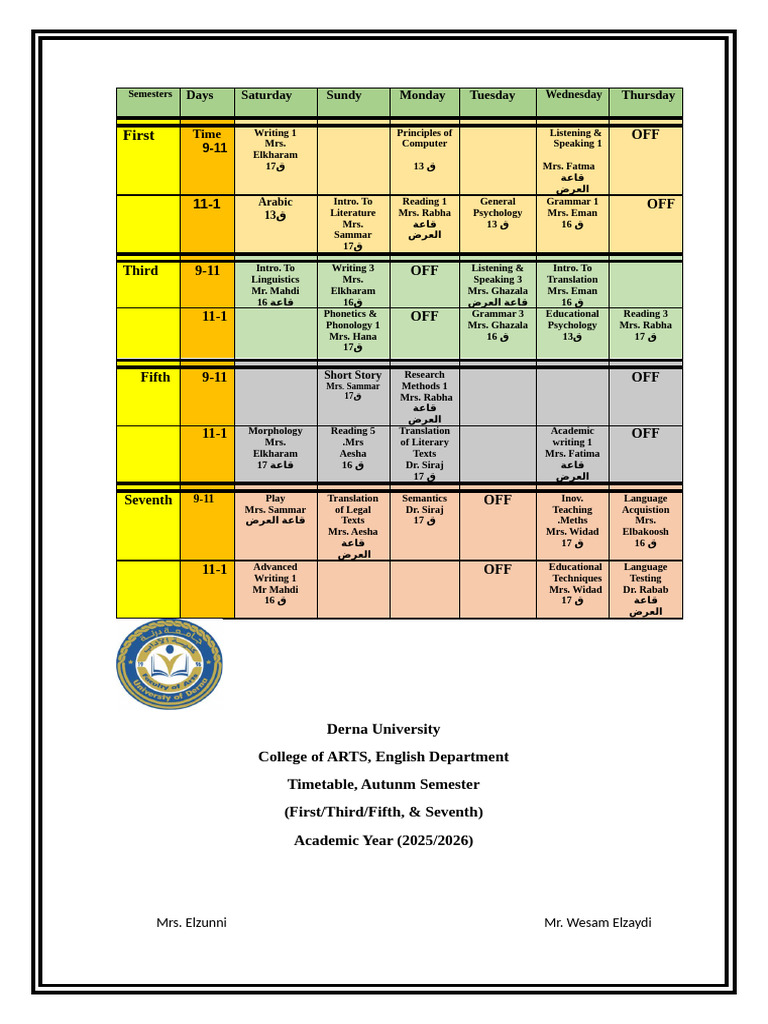 Derna University English Dept Timetable | PDF | Linguistics | Human ...