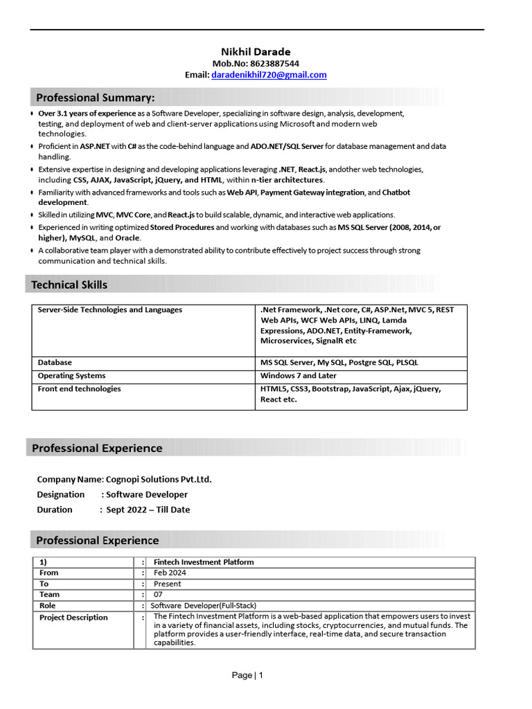 Software Developer Resume - Nikhil Darade | PDF | J Query | My Sql