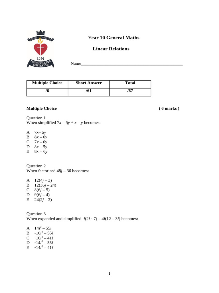 10GM Linear Equations Test 2024 | PDF | Mathematics