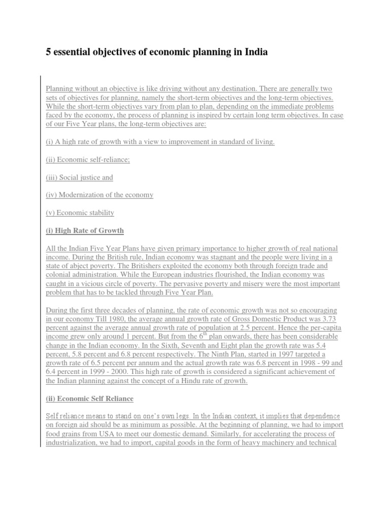 5 Essential Objectives of Economic Planning in India PDF Economies