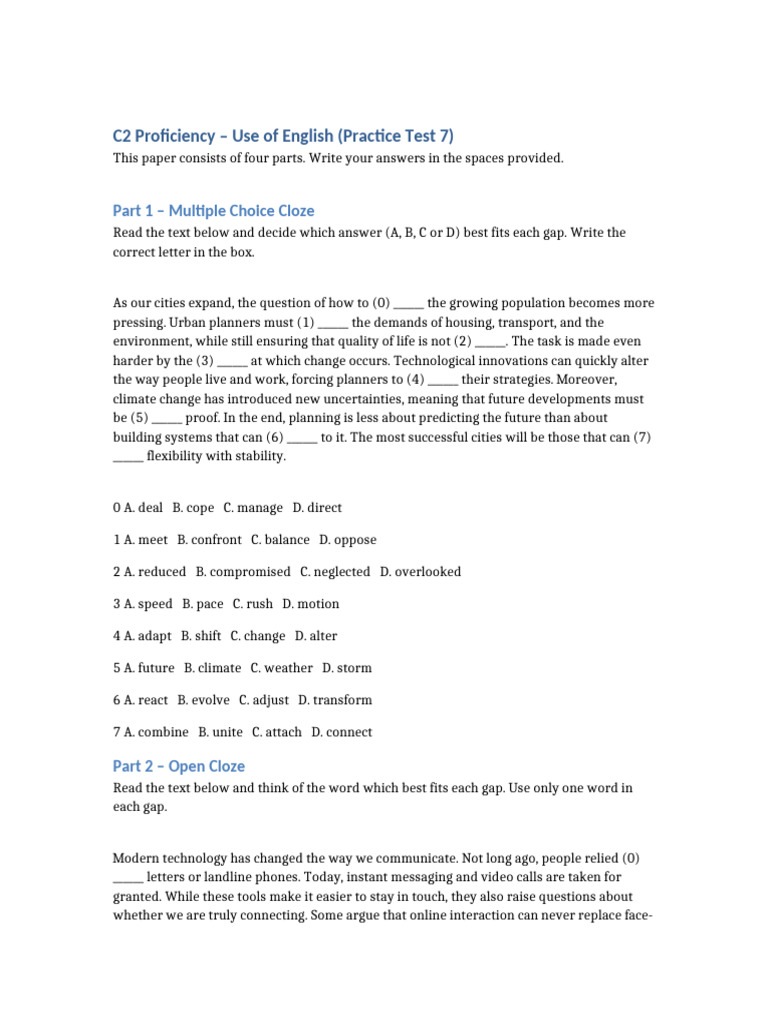 C2 English Proficiency Practice Test 7 | PDF | Communication | Human ...