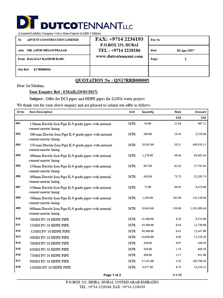 Quotation for Ductile Iron & HDPE Pipes | PDF | Economies | Taxation