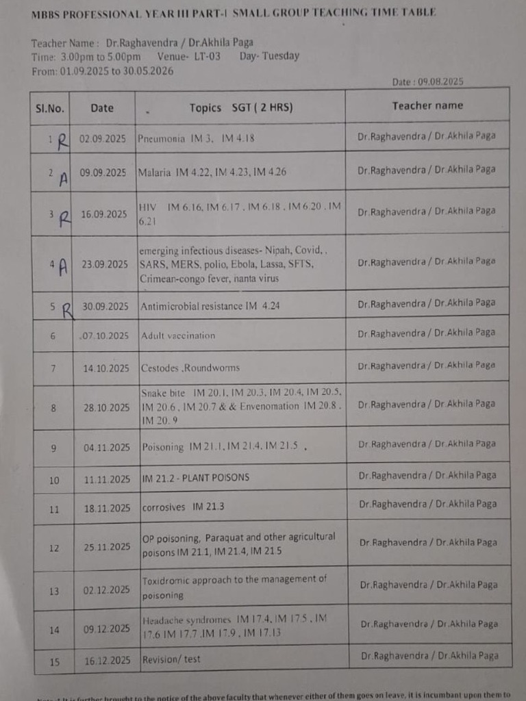 General Medicine Time Table | PDF