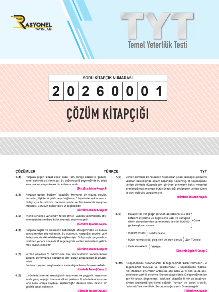 Rasyonel Yayınları TYT 1 (20260001) Çözüm Kitapçığı | PDF