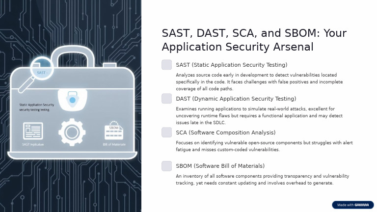 SAST DAST SCA and SBOM Your Application Security Arsenal | PDF