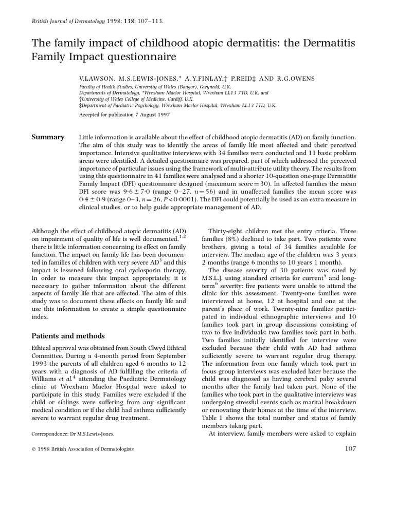Family Impact of Childhood Atopic Dermatitis | PDF | Behavioural ...