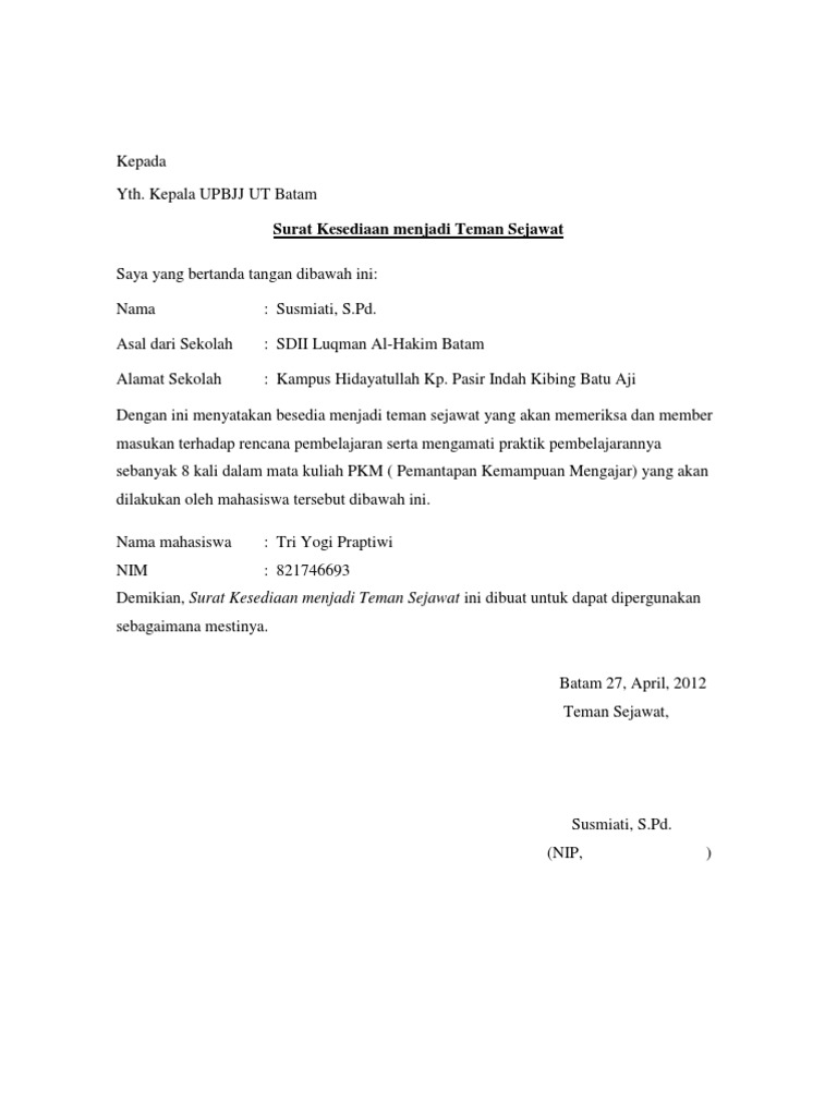 SURAT Kesediaan Menjadi Teman Sejawat
