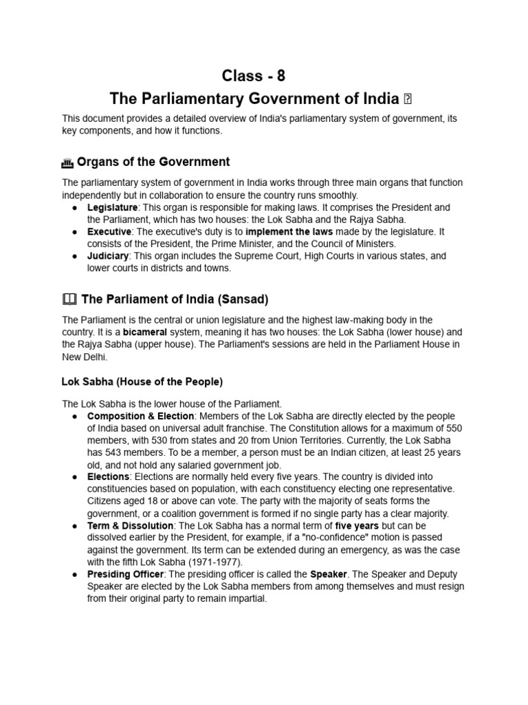 Overview of India's Parliamentary System | PDF | Government Of India ...
