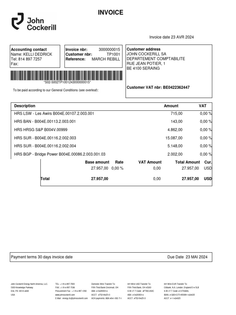 Invoice for John Cockerill Energy | PDF | Breach Of Contract | Damages