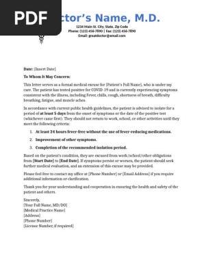 Medical Excuse for COVID-19 Isolation | PDF