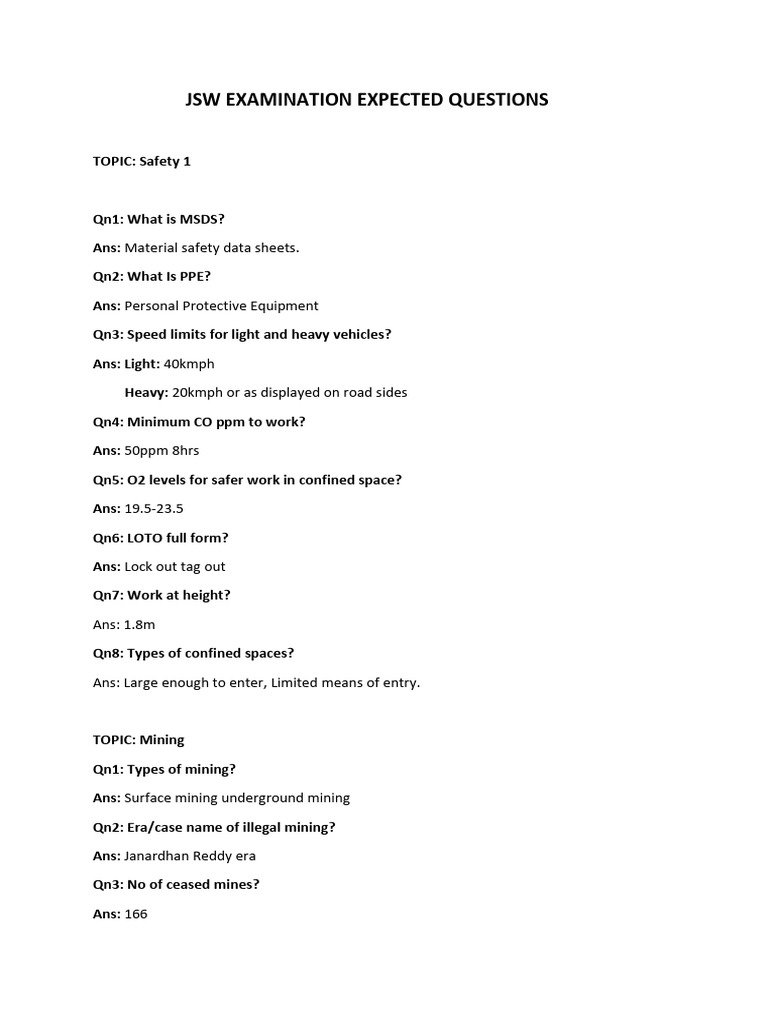 JSW Safety and Mining Exam Questions | PDF | Coke (Fuel) | Coal