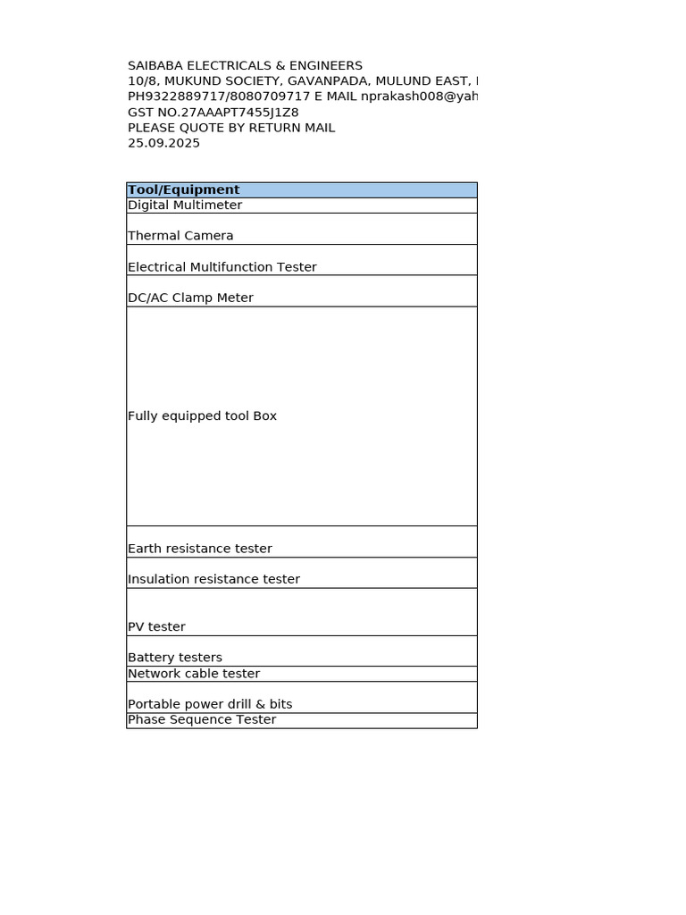 Essential Electrical Testing Tools List | PDF | Drill | Electrical Wiring