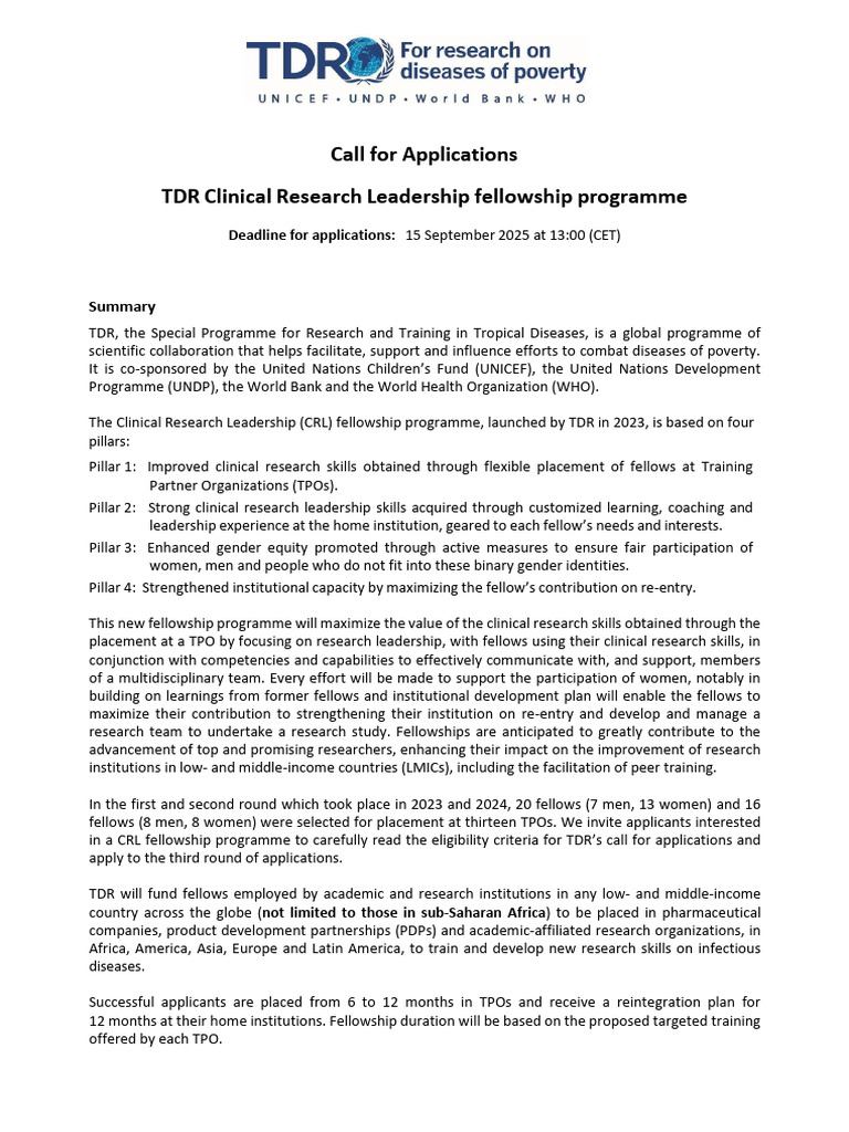 TDR Clinical Research Fellowship Call | PDF | Health Sciences ...