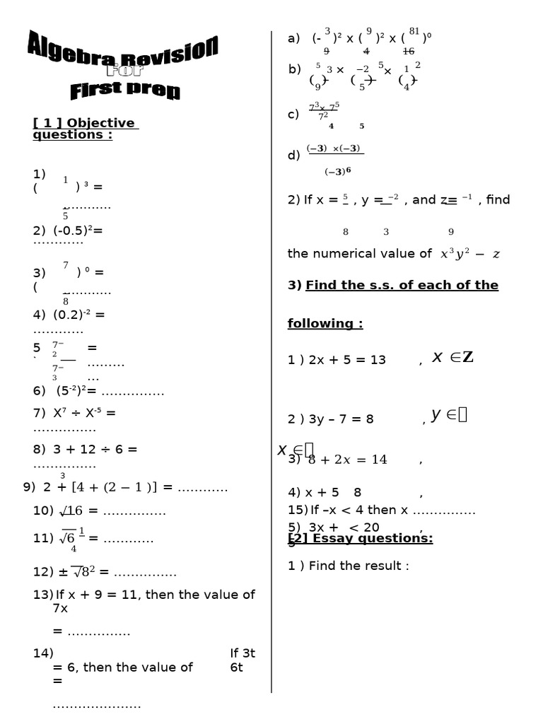 1st Prep. Math Algebra and Geometry Revision T1 | PDF | Mathematics ...