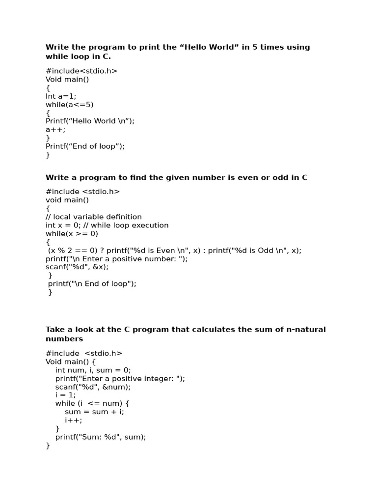C Programs for Basic Loops and Logic | PDF