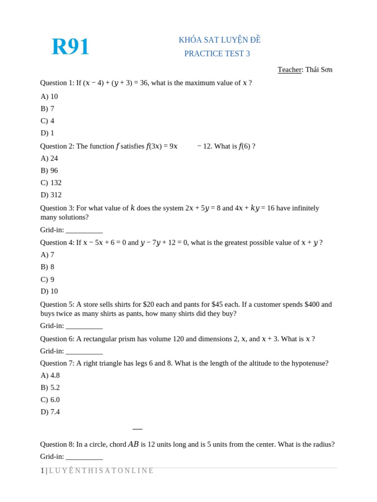 BUỔI 3-SAT MATH LUYỆN ĐỀ-PRACTICE TEST 3 | PDF | Area | Mathematical ...