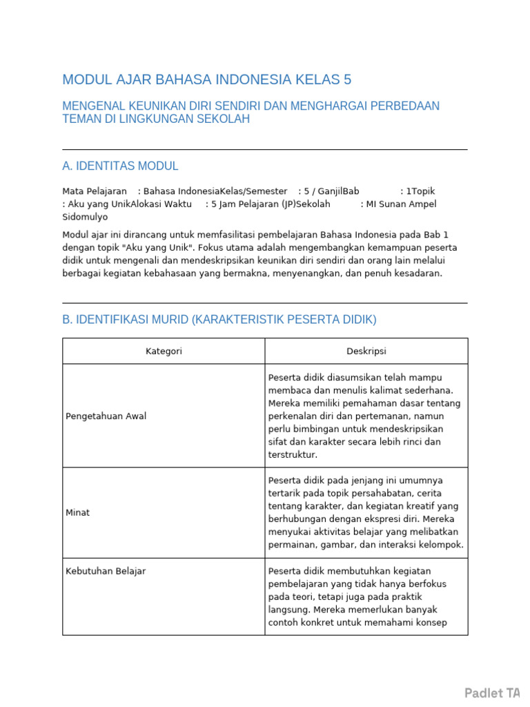 Modul Ajar Bahasa Indonesia Kelas 5 | PDF