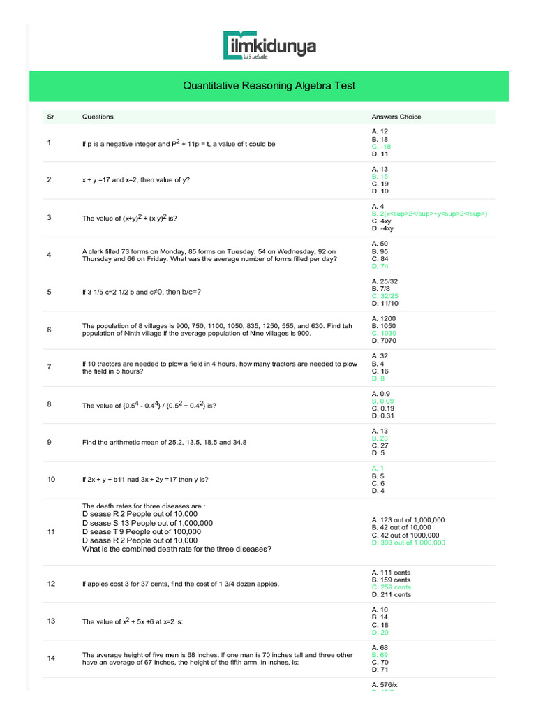 Quantitative Reasoning Algebra Online MCQ Test All Mcqs | PDF | Odds ...