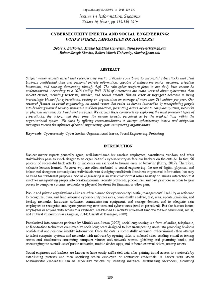 Cybersecurity Inertia and Social Engineering, 2019 | PDF | Security ...