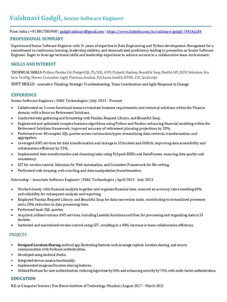 Senior Software Engineer Profile - Vaishnavi Gadgil | PDF | Apache ...