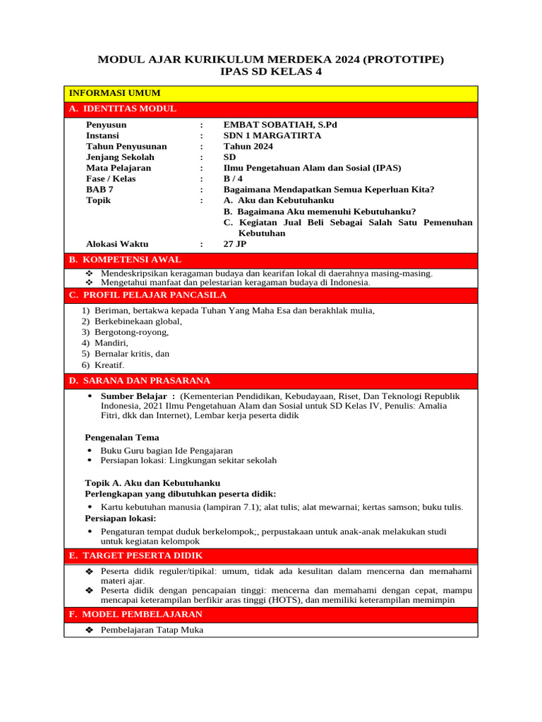 Modul Ajar IPAS SD Kelas 4 2024 | PDF