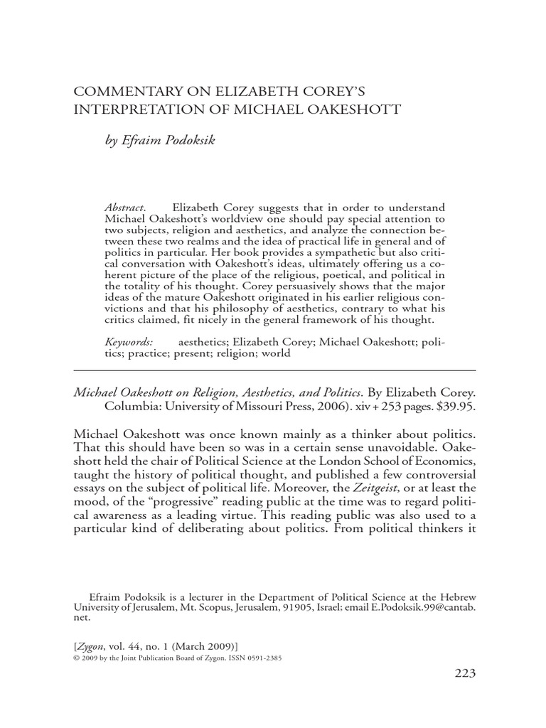 Commentary On Elizabeth Corey's Interpretation of Michael Oakeshott ...