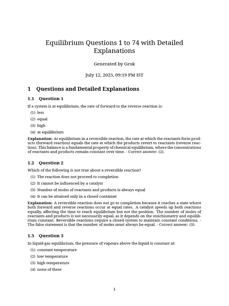 Equilibrium Questions with Explanations | PDF | Chemical Equilibrium ...