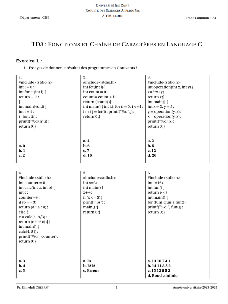 Exercices C : Fonctions et chaînes de caractères | PDF | Programmation ...